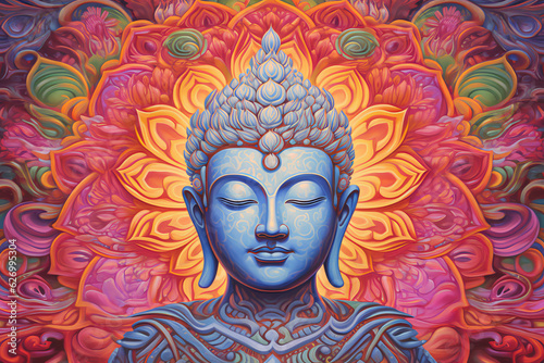 Colorful psychedelic painting of the Buddha meditating, illustrating mind expansion, enlightenment and spiritual awakening through meditation practice. Generative AI.