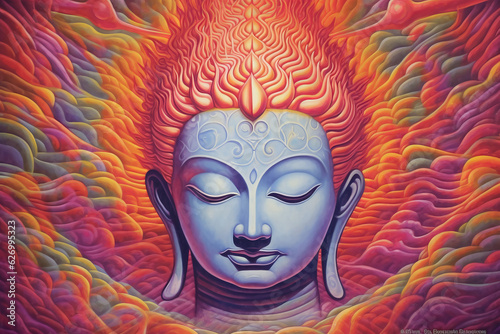 Colorful psychedelic painting of the Buddha meditating, illustrating mind expansion, enlightenment and spiritual awakening. Generative AI.