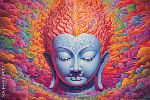 Colorful vibrant painting of the Buddha meditating, illustrating mind expansion and spiritual awakening. Generative AI.