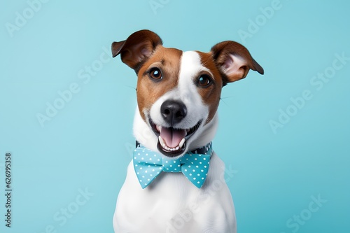 Sweet jack russel terrier on a pastel blue background with a tie around his neck. © Amel