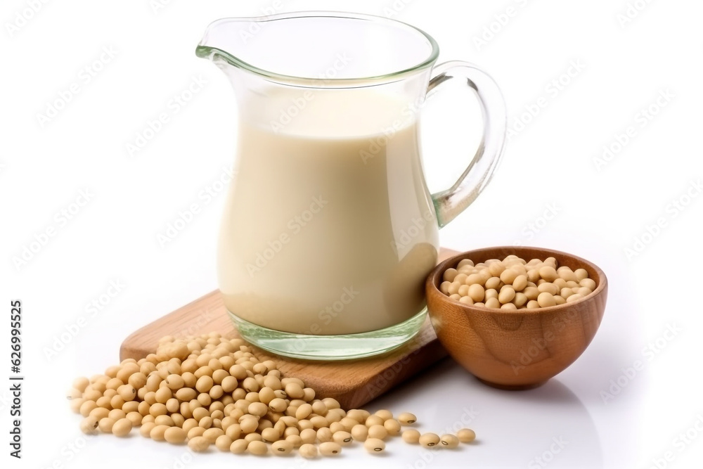 Soy milk in wooden bowl isolated on white background.Generative Ai. Soy milk in wooden bowl isolated on white background.Generative Ai.