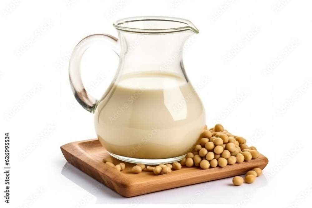 Soy milk in wooden bowl isolated on white background.Generative Ai. Soy milk in wooden bowl isolated on white background.Generative Ai.