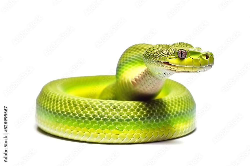 Green snake isolated on white background.Generative Ai. Green snake isolated on white background.Generative Ai.
