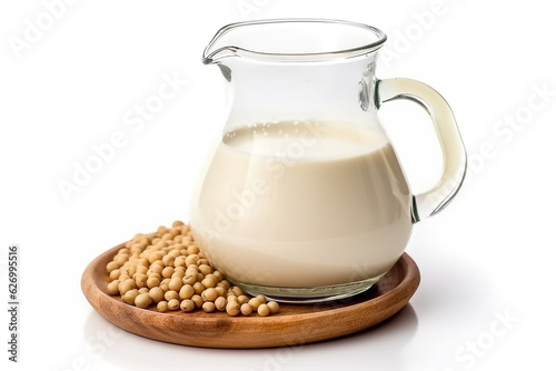 Soy milk in wooden bowl isolated on white background.Generative Ai.