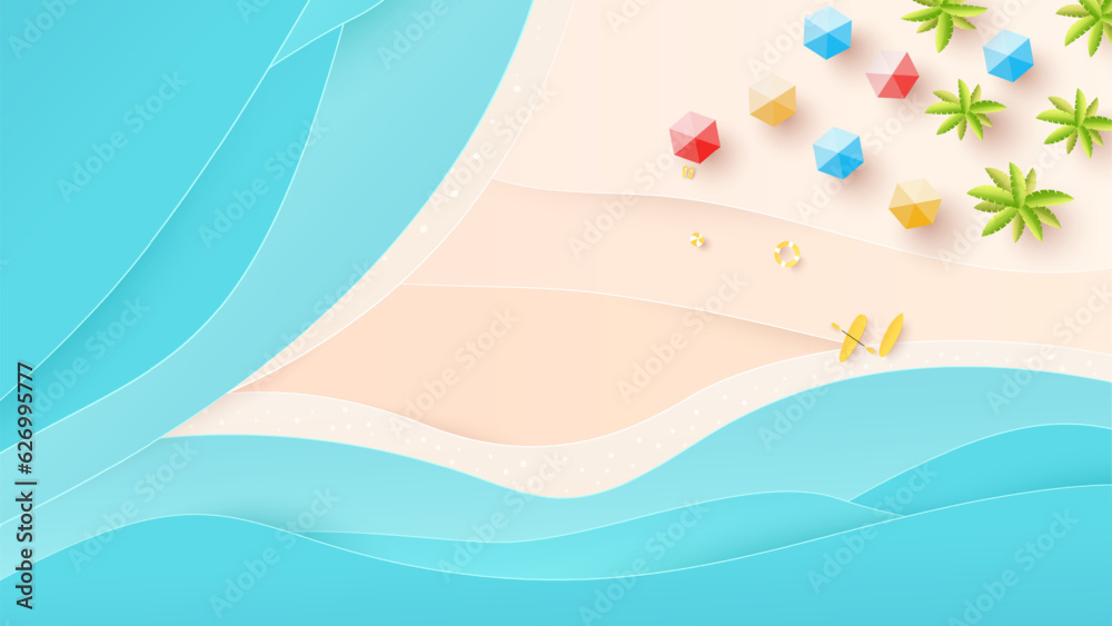 Summer sale time background. Aerial view beach with waves and umbrellas. Top view. Vector illustration Summer sale time background. Aerial view beach with waves and umbrellas. Top view. Vector illustration