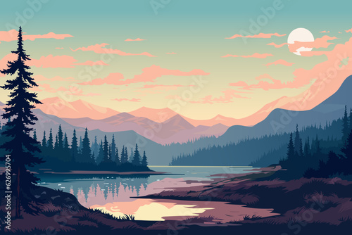Beautiful landscape vector illustration. Stunning landscape of the lake against the backdrop of mountains at dawn and a beautiful sky. Amazing nature. Landscape for printing.