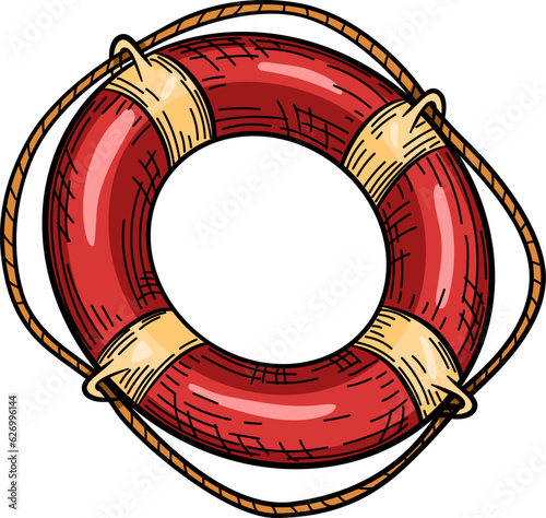 Red lifebuoy with rope isolated sketch. Hand drawn life ring in engraving style.