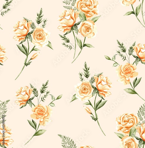 Watercolor flowers pattern, yellow tropical elements, green leaves, gold background, seamless