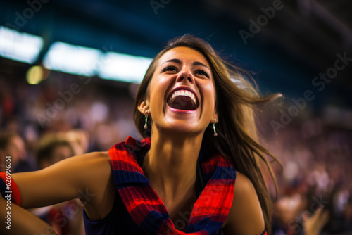 Women celebrating a goal of a soccer match, celebration concept, shouting, jumping, AI generated