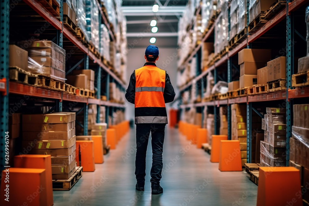 Employee walks to inspect the quality of parcels in the warehouse.Generative Ai.