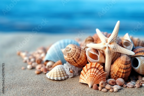 Seashells,star fish on sea background.Generative Ai.