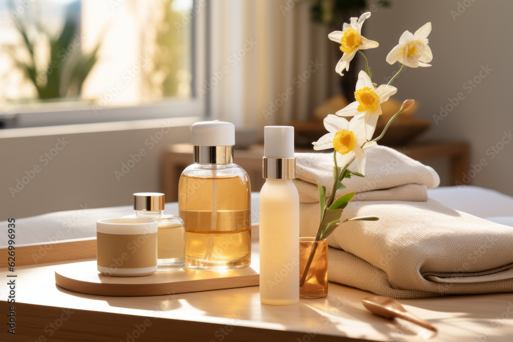 A serene image of a spa setting with curcuma-infused beauty products, highlighting its use in skincare. Generative Ai