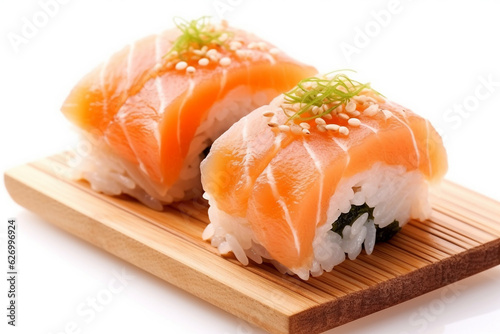 Sushi salmon Rolls,wooden board isolated on White background.Generative Ai.