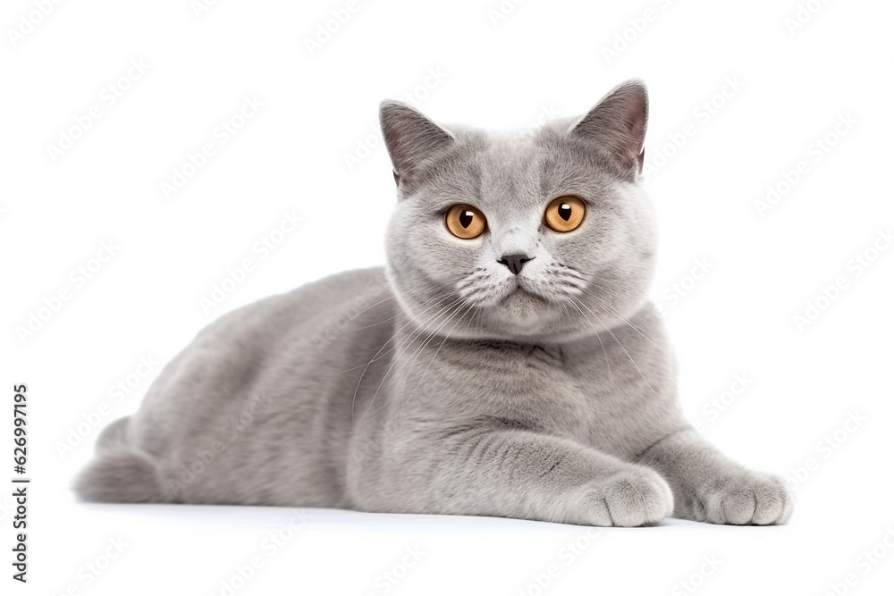 Satisfied British cat isolated on white background.Generative Ai.