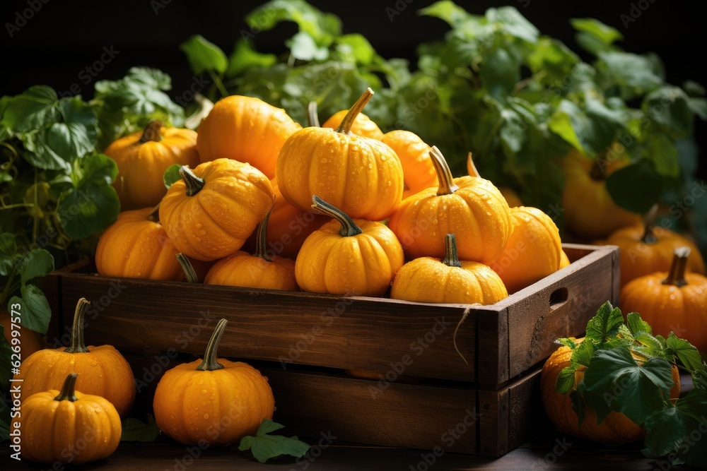 Organic mini pumpkin in a wooden box. Generative AI