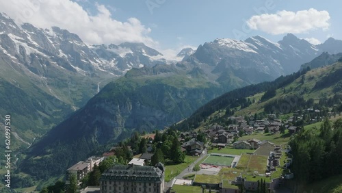 Aerial drone view of the alpine town of Murren above Lauterbrunnen