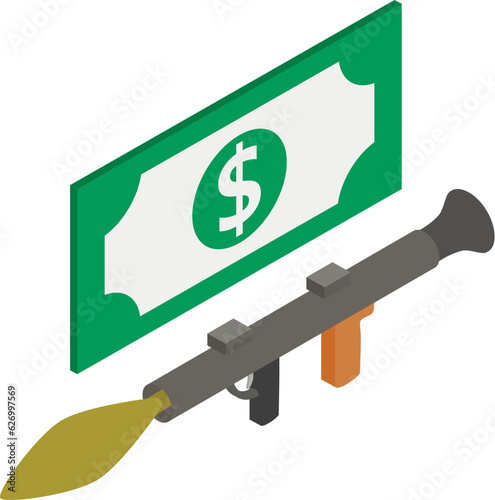 Weapon sale icon isometric vector. Grenade launcher and big dollar banknote icon. Arms trade, military concept