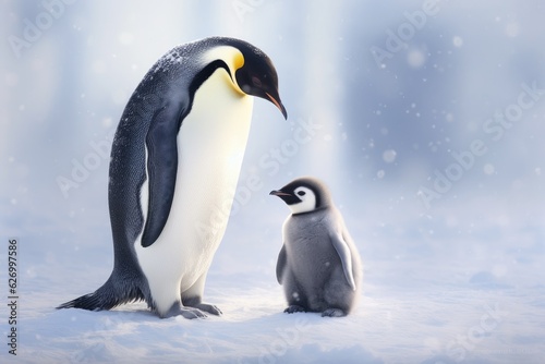 Mother penguin with her offspring. Generative AI