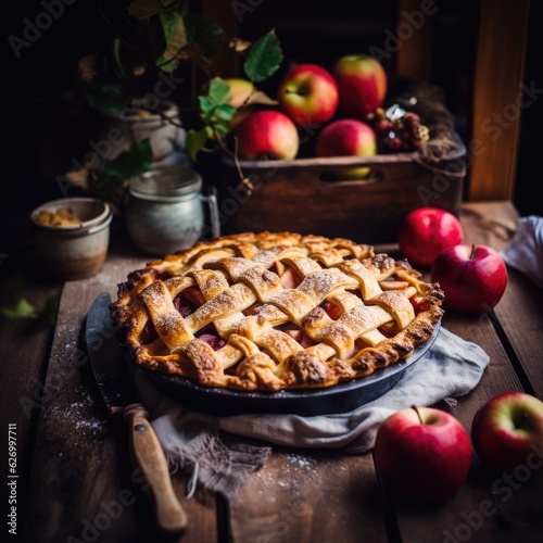 Freshly baked Apple Pie on a rustic table. Generative AI