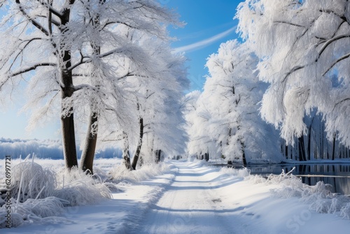 Beautiful landscape, snowy road in the forest between the trees, winter sseason. Generative AI photo