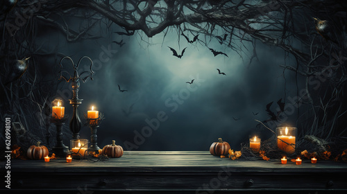 Halloween Background Old Table With Candles And Branches At Spooky Night. Generative Ai