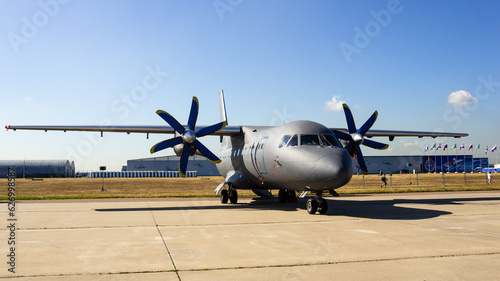 100th anniversary of the Russian Air Force. Ukrainian regional aircraft An-140 at a stationary parking lot in Zhukovsky. VKS of Russia. ANTK 