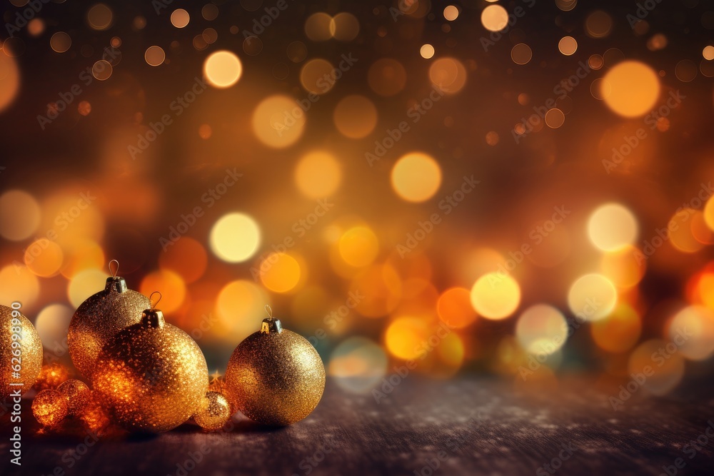 Fototapeta premium Happy Christmas light decorations in new year night winter background. Ornaments elements gold confetti bokeh color Xmas ornaments Glass ball tree decorations. Christmas glowing Golden Background.