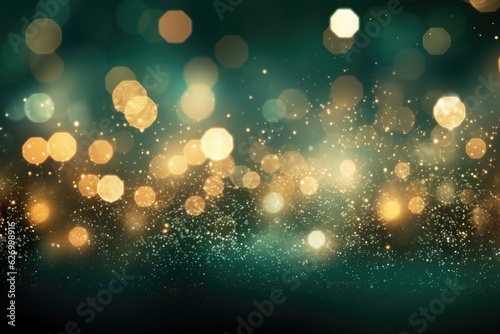 Happy Christmas light decorations in new year night winter background. Ornaments elements gold confetti bokeh color Xmas ornaments Glass ball tree decorations. Christmas glowing Golden Background.