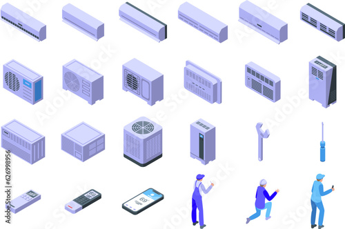 Air conditioner installer icons set isometric vector. Service house. Heat office