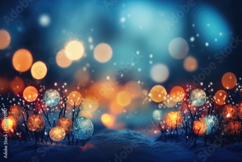 Happy Christmas light decorations in new year night winter background. Ornaments elements gold confetti bokeh color Xmas ornaments Glass ball tree decorations. Christmas glowing Golden Background.