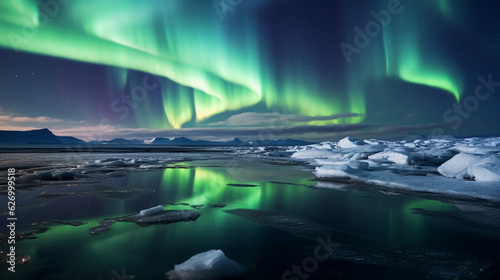 a vast polar landscape at midnight, star - studded sky reflected on the frozen ground, Aurora Borealis colors dancing over icebergs
