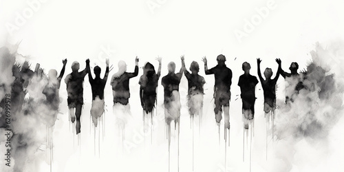 Activists holding hands in unity, represented as abstract silhouettes in contrasting black and white, simplicity and boldness, minimalistic, ink wash painting effect