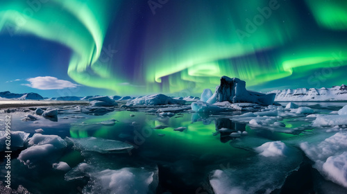 a vast polar landscape at midnight, star - studded sky reflected on the frozen ground, Aurora Borealis colors dancing over icebergs © Marco Attano