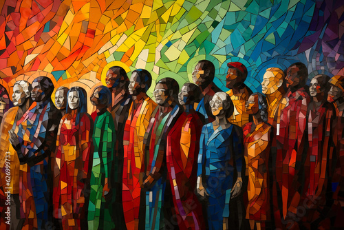 Mosaic interpretation of people of various races, genders, and ages standing together, each piece represents individuality within unity, vibrant, and striking colors