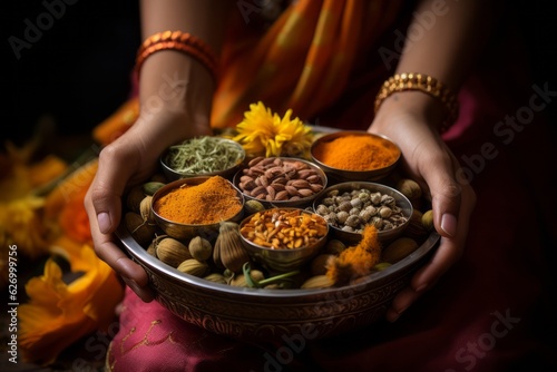 Fototapeta Naklejka Na Ścianę i Meble -  Hands holding a traditional Indian spice box (Masala Dabba) with curcuma as a centerpiece. Generative AI