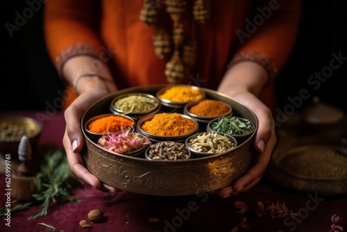 Fototapeta Naklejka Na Ścianę i Meble -  Hands holding a traditional Indian spice box (Masala Dabba) with curcuma as a centerpiece. Generative AI
