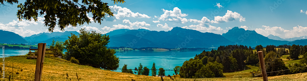 High resolution stitched alpine summer panorama at Dietringen, Lake Forggensee, Ostallgaeu, Bavaria, Germany