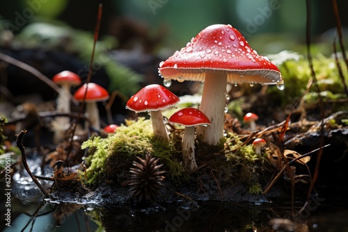 Fly Agaric mushroom with water drops in the forest background. Generative AI