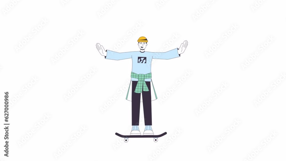 Teenage boy riding skateboard line 2D character animation. Have fun in skate park flat color cartoon 4K video, alpha channel. Young adult male hipster on skateboard animated person on white background Teenage boy riding skateboard line 2D character animation. Have fun in skate park flat color cartoon 4K video, alpha channel. Young adult male hipster on skateboard animated person on white background