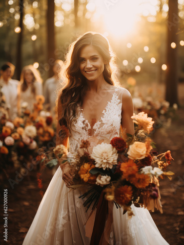 Caucasian Bohemian Flower Bride Golden Hour, Generative AI