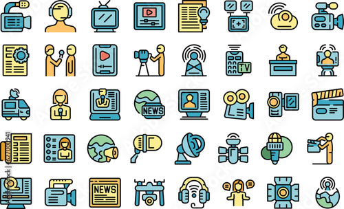 News production team icons set outline vector. Studio tv. Camera crew thin line color flat on white