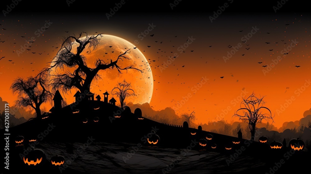 Paper art Halloween background with haunted house, cemetery with graves, dead tree branches. Modern paper cut style flyer or invitation template for halloween party. Yellow light lamp
