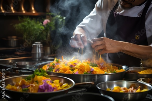 A skilled chef sprinkling ground curcuma over a dish, adding a burst of color and flavor to the cuisine. Generative AI