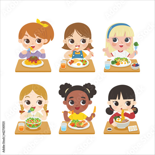 Set of Girls having delicious food.  Children having meal and lunch.