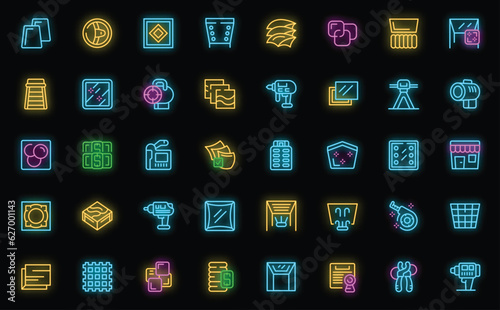 Stretch ceiling icons set outline vector. Energy house. Decorative device neon color on black