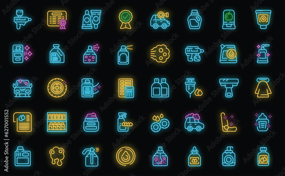 Cosmetics for the car icons set outline vector. Cleaning bottle. Car oil neon color on black Cosmetics for the car icons set outline vector. Cleaning bottle. Car oil neon color on black