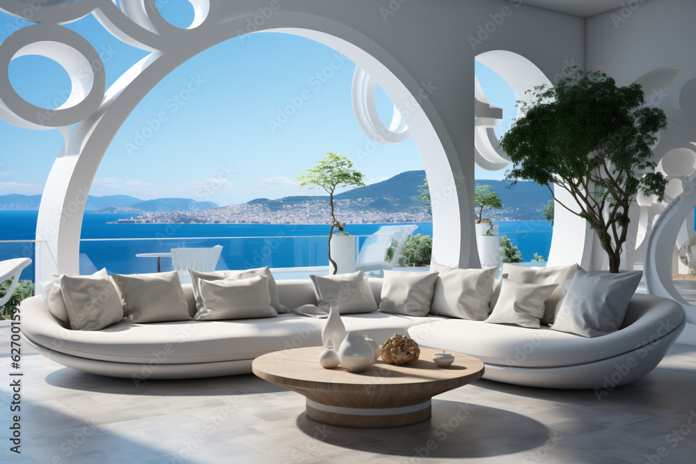 Fototapeta premium White large modern living room, ocean view background, modern Italian round furniture, ultramarine round pillows , modern architecture, round windows. AI Generative
