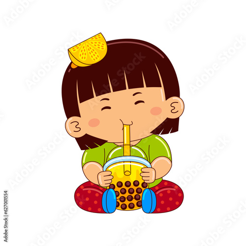 girl kids drinking iced bubble lemon tea