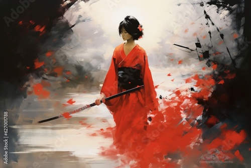 illustration female samurai with swords. Generative ai