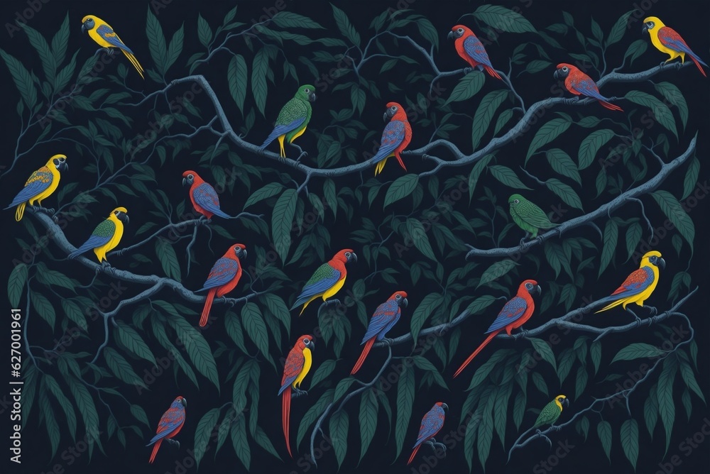 A detailed illustration of a tropical rainforest with a rainbow of parrots perched on the branches.